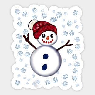 Snowman in festive red winter hat among snowflakes - friendly snowman snug in a snowflake themed scarf Sticker